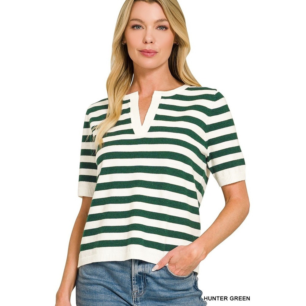 Zenana Split Neck Stripe Short Sleeve Sweater - Hunter Green - Small